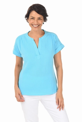 Bubble Gauze Rolled Short Sleeve Blouse Reinforced Hemline