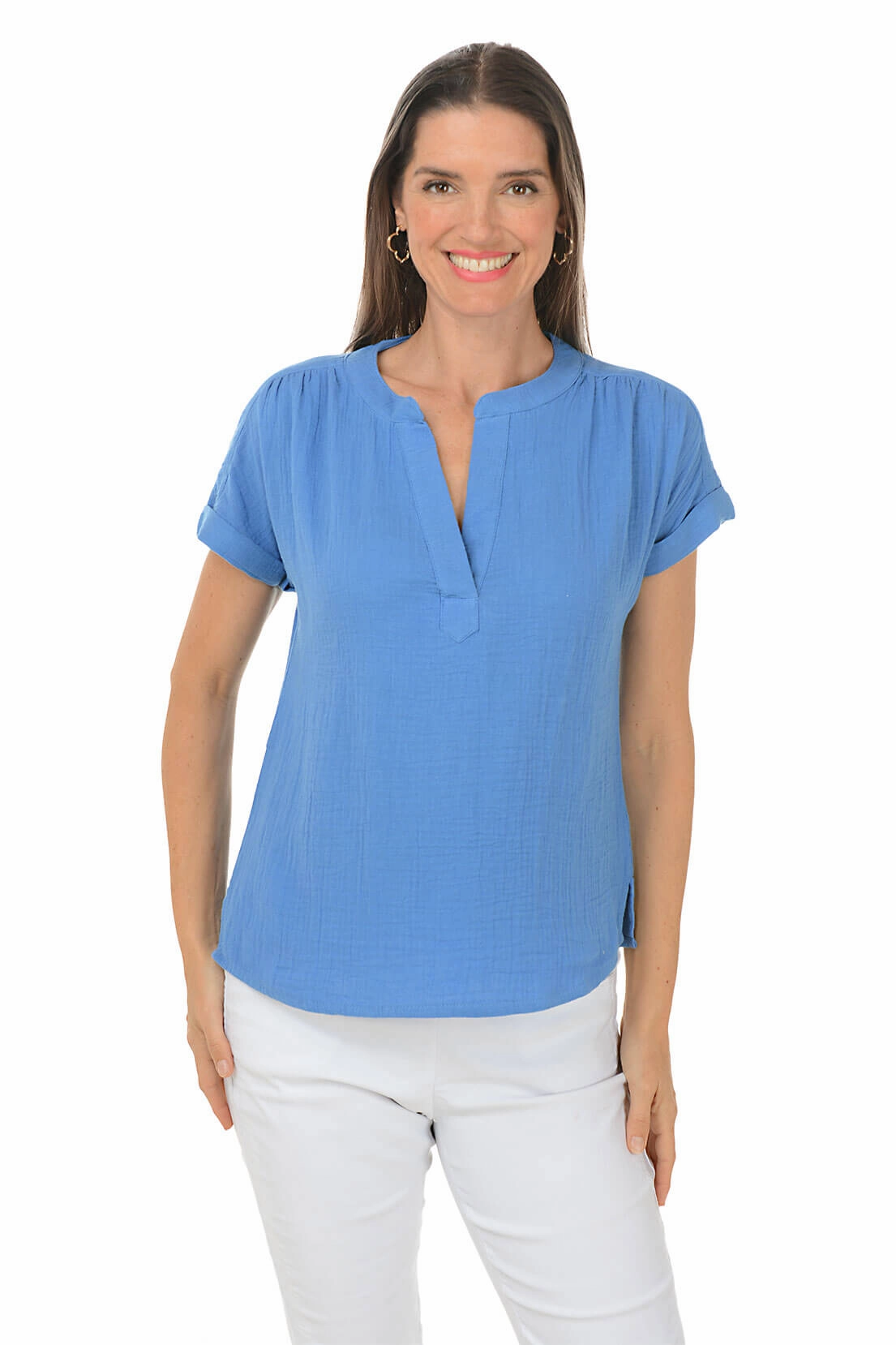 Bubble Gauze Rolled Short Sleeve Blouse AthleisureInspired Winter Hoodie