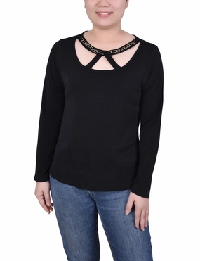 Wrinkle Resistant Weave Long Sleeve Jeweled Neck Top