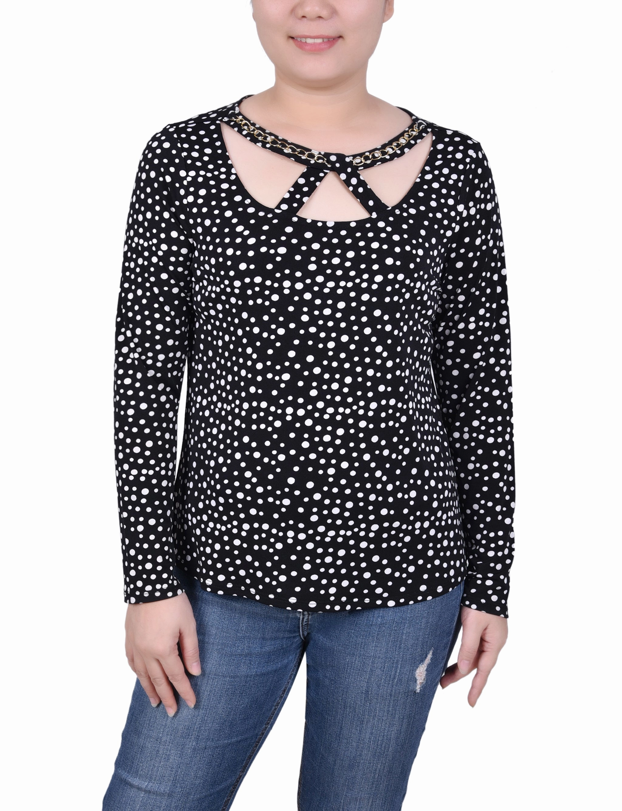 Long Sleeve Jeweled Neck Top MultiFunctional Pocket Placement