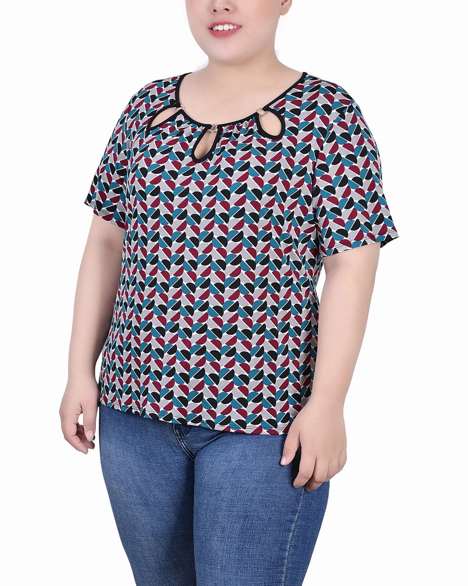 Thermoregulating Fabric Colorfast Dye Method Plus Size Short Sleeve Top With Ring Details