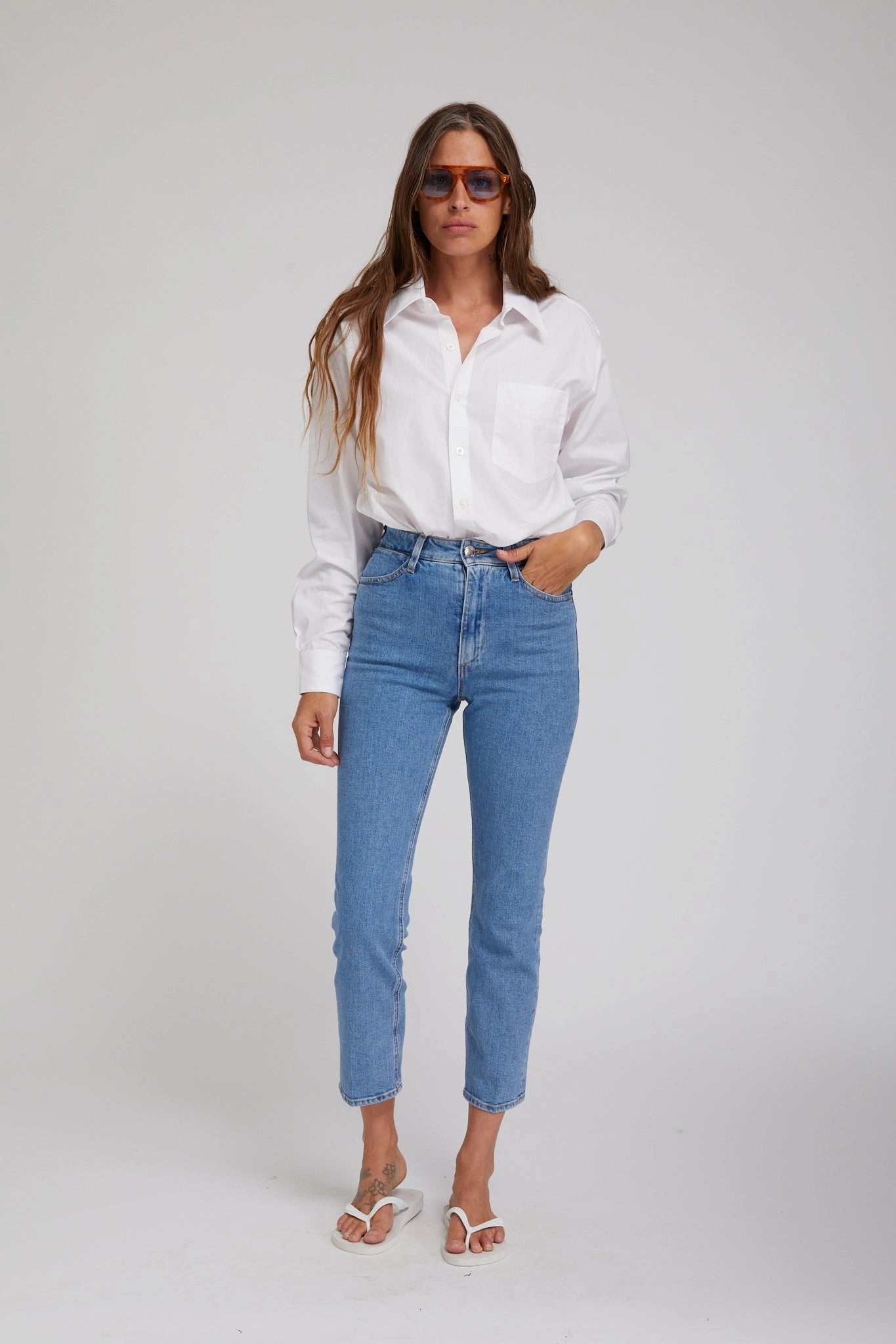 DropShoulderConstruction White Poplin Shirt with Pocket
