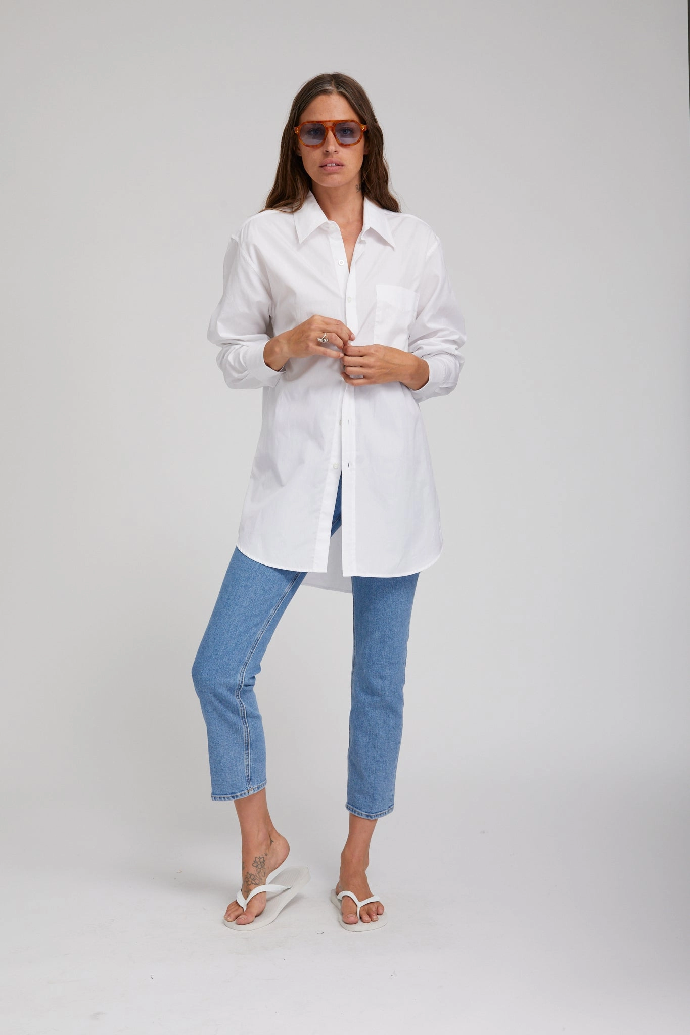 Reinforced Shoulder Seams White Poplin Shirt with Pocket