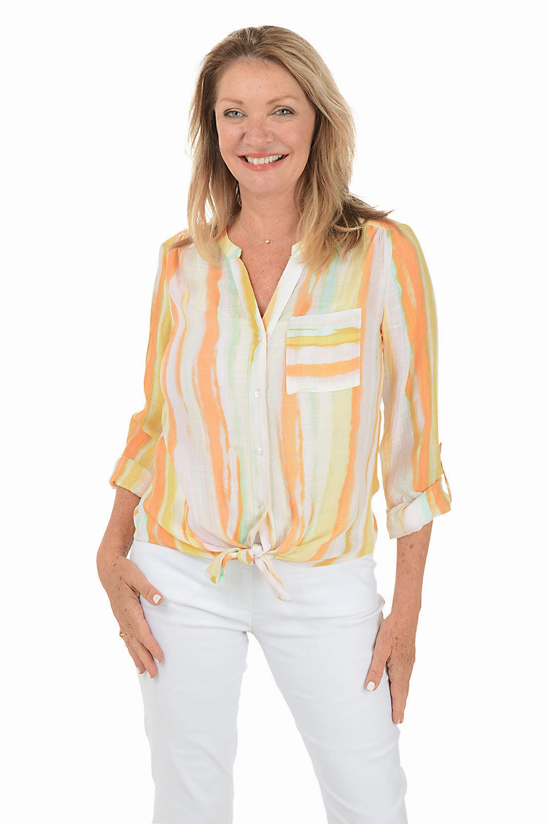 Petite Habanero Stripe Button-Front Blouse Reinforced Stress Points