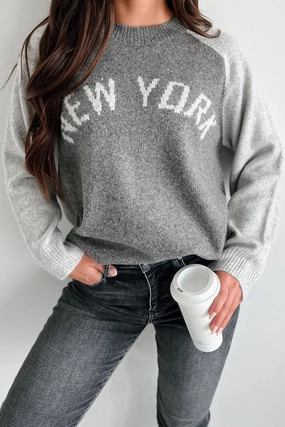 ConvertibleCollar Stretchy Top City That Never Sleeps "New York" Sweater (Charcoal/Grey)