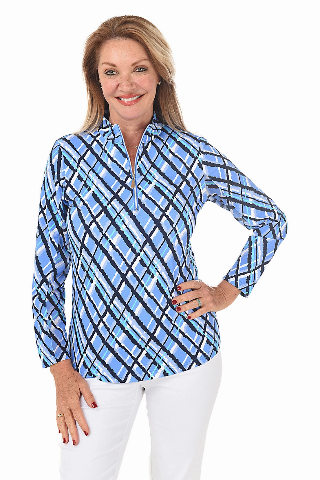 Argyle Plaid Cooling UPF50  Mock Neck Top Durable Binding Breathable fabric