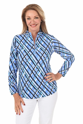 Argyle Plaid Cooling UPF50  Mock Neck Top AllDay Comfort Asymmetrical hem