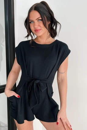 Sporty Comfort Fit Versatile Layer Easy Going Days Tie Front Waffle Knit Romper (Black)