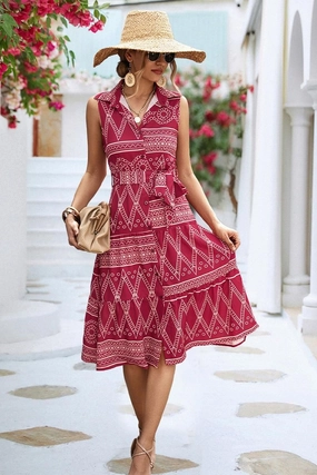 COLLARED PATTERN PRINTING WOMEN DRESS Casual Days