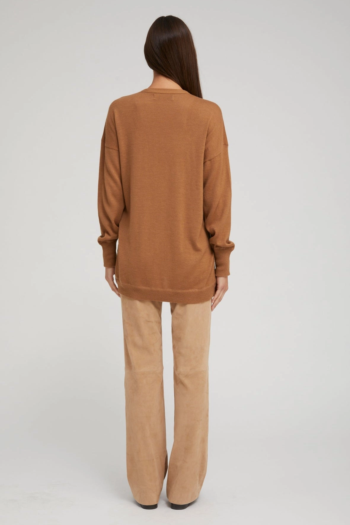 Ribbed Hem Praline Cashmere Boyfriend Cardigan