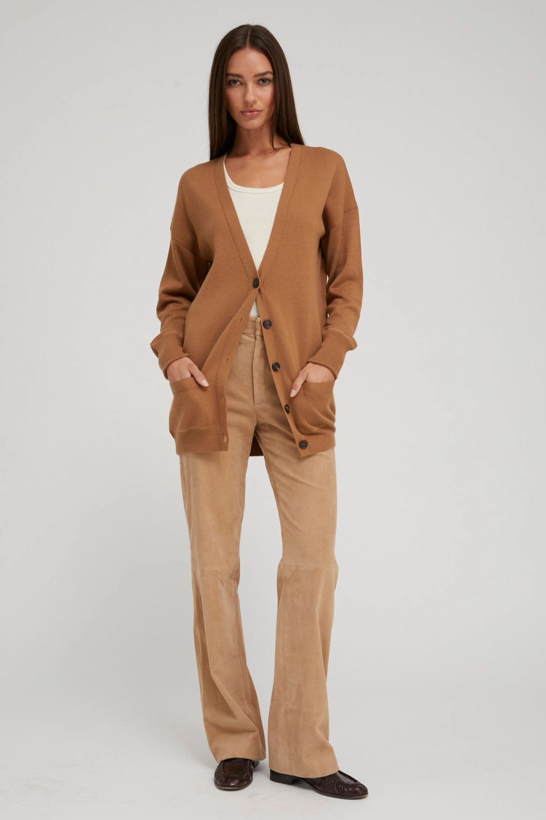 Praline Cashmere Boyfriend Cardigan Soft Touch Blend NoRoll Hem Technology