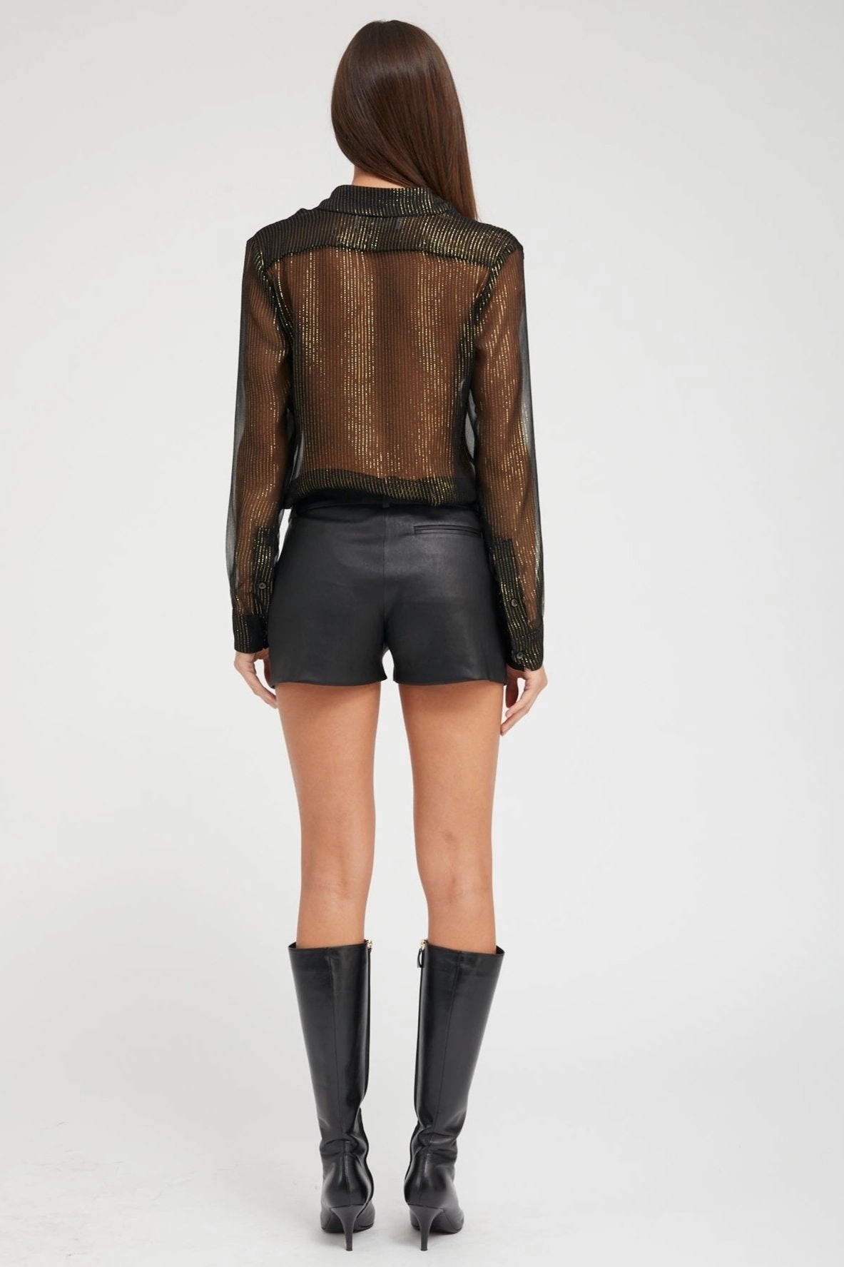 Stretchable Neckline Black and Gold Silk Fitted Button Down