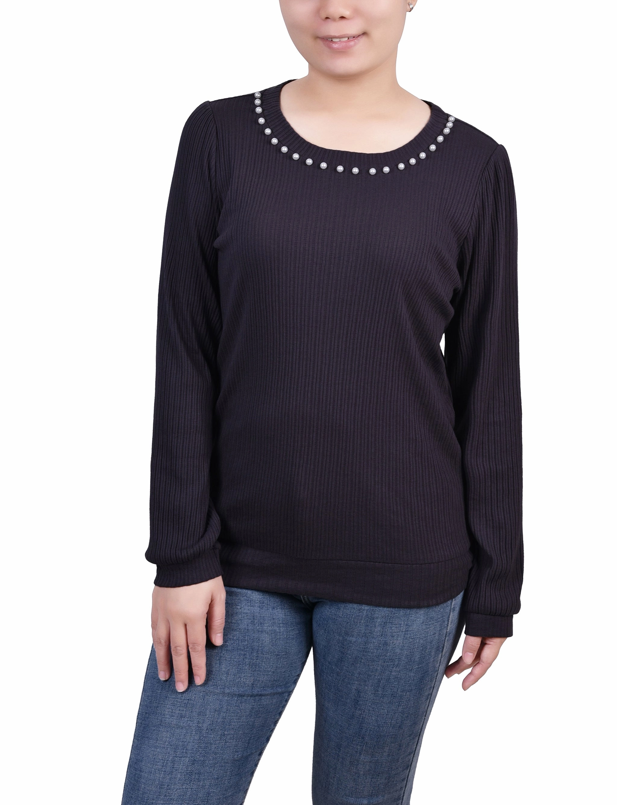 Petite Long Sleeve Ribbed Pearl Trimmed Top HeavyweightThermal