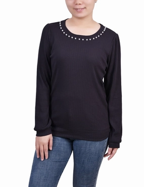 Petite Long Sleeve Ribbed Pearl Trimmed Top Lightweight Fabric