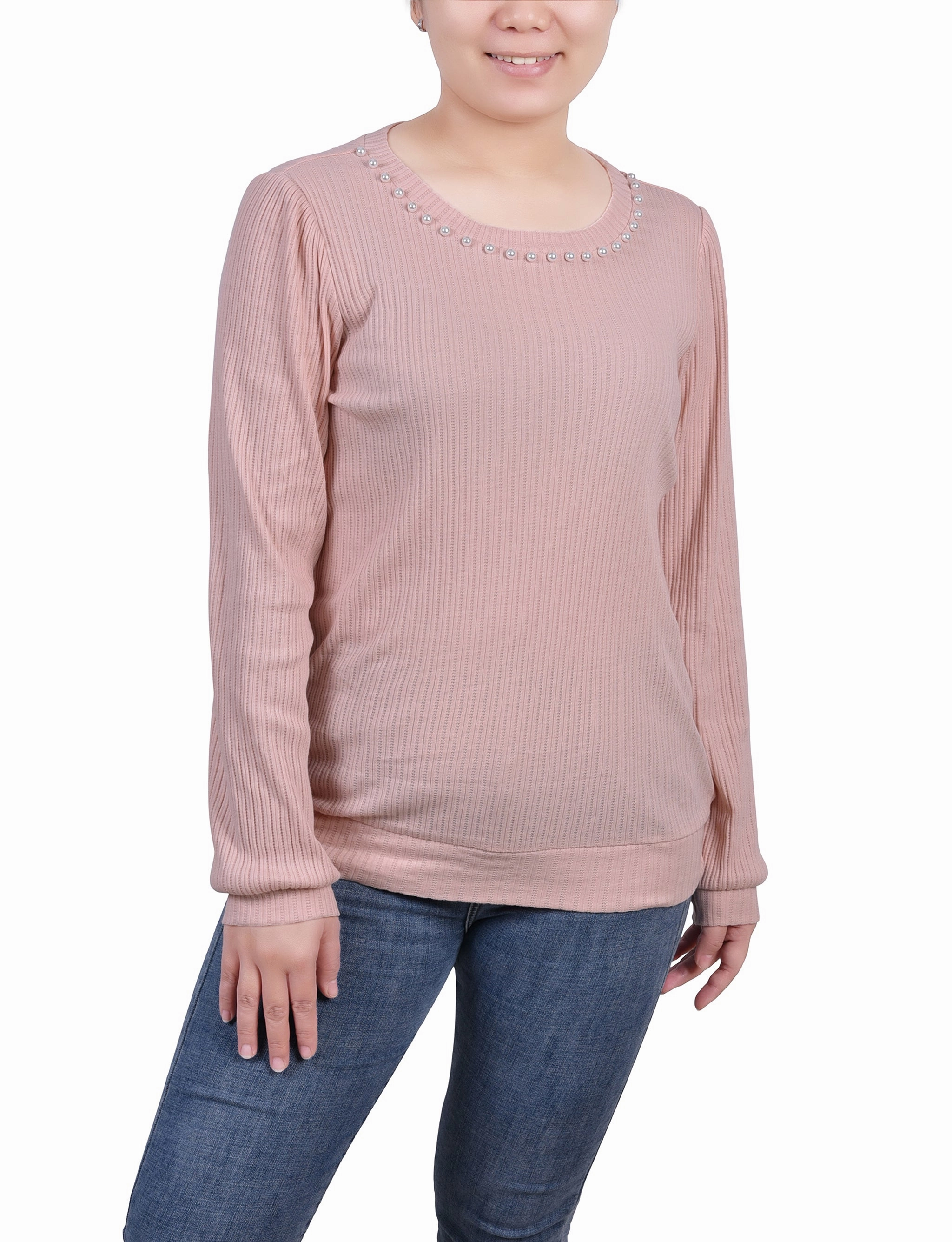 UVProtectionCoating Petite Long Sleeve Ribbed Pearl Trimmed Top