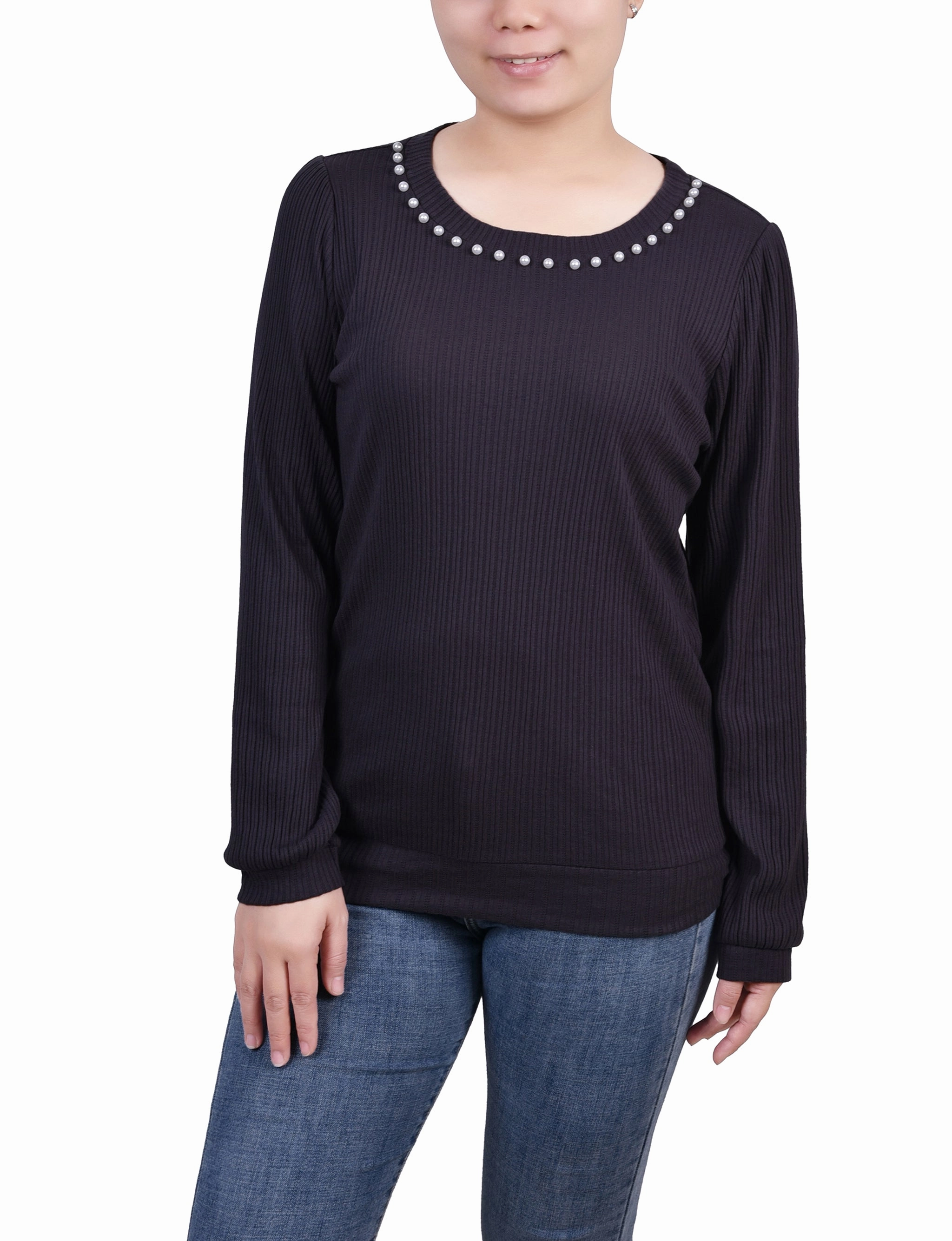 Petite Long Sleeve Ribbed Pearl Trimmed Top Lightweight Fabric