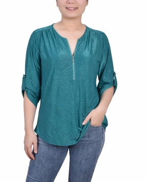 3/4 Roll Tab Zip Front Jacquard Knit Top Reversible Layering Tech
