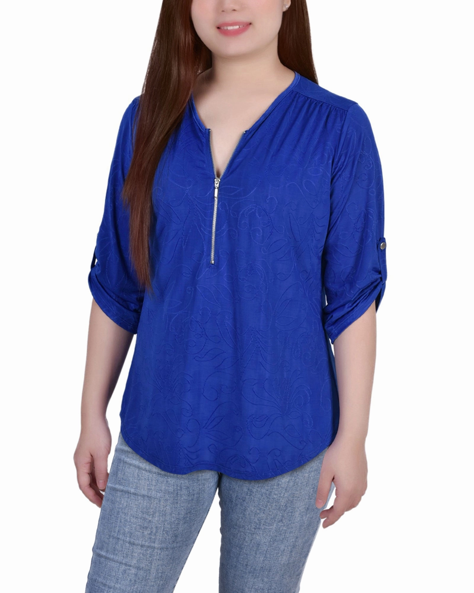 Cozy Sweatshirt 3/4 Roll Tab Zip Front Jacquard Knit Top