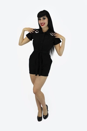 Cap Stretchy Bat Black Romper With Belt