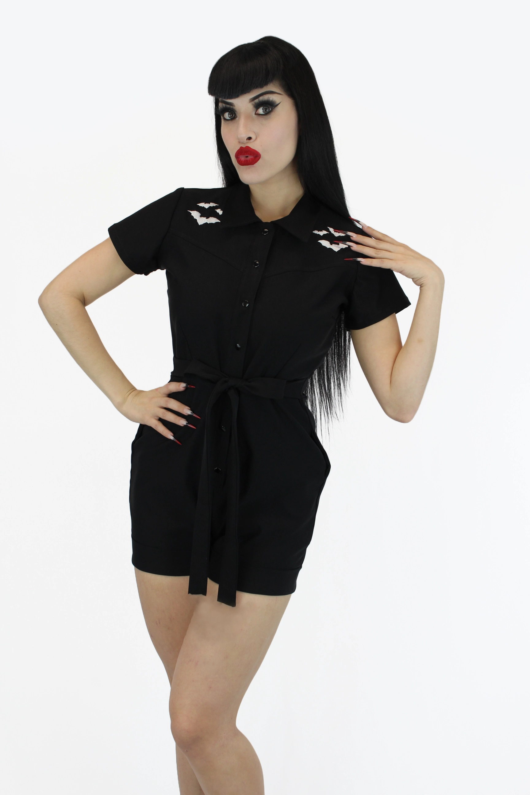 Stretchy Bat Black Romper With Belt Comfy Vibes