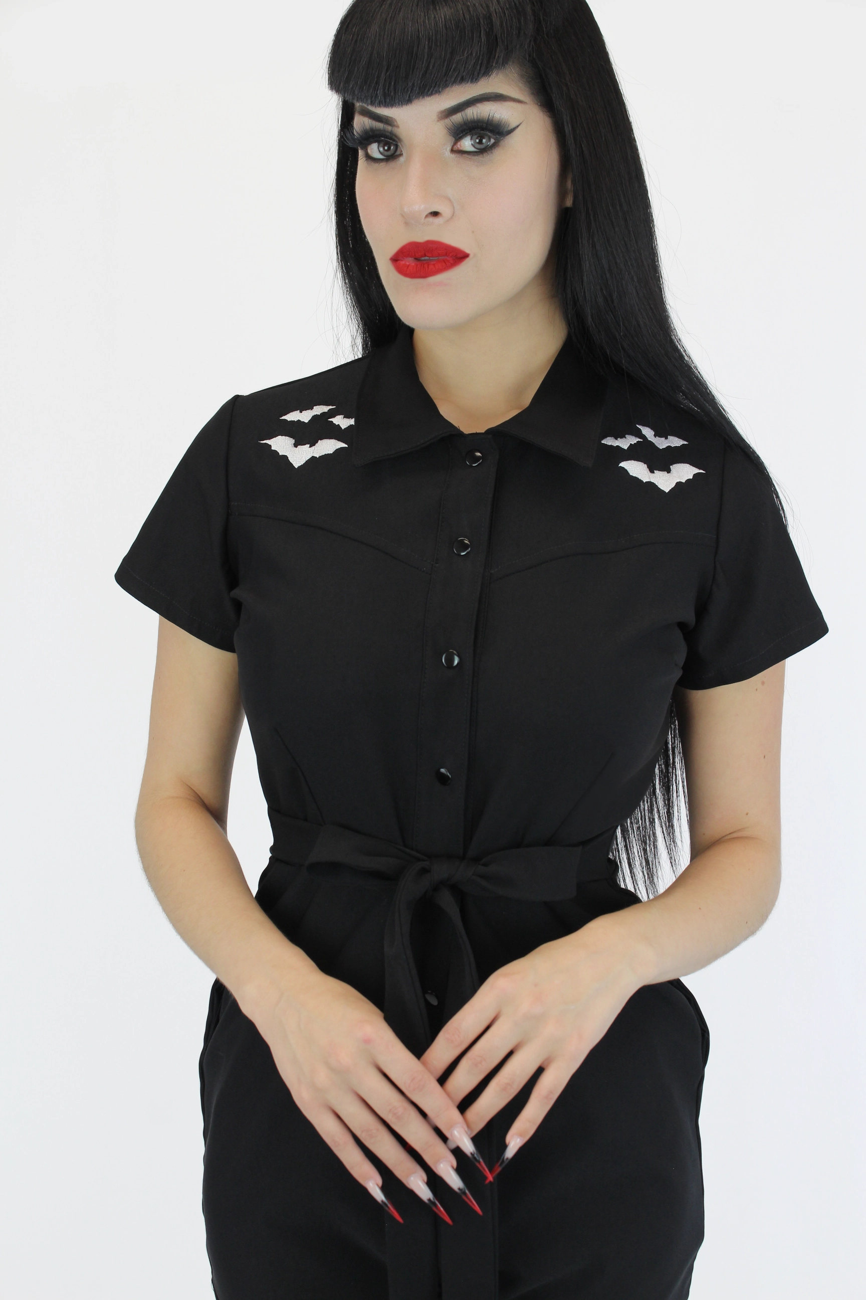 thermal fabric Stretchy Bat Black Romper With Belt