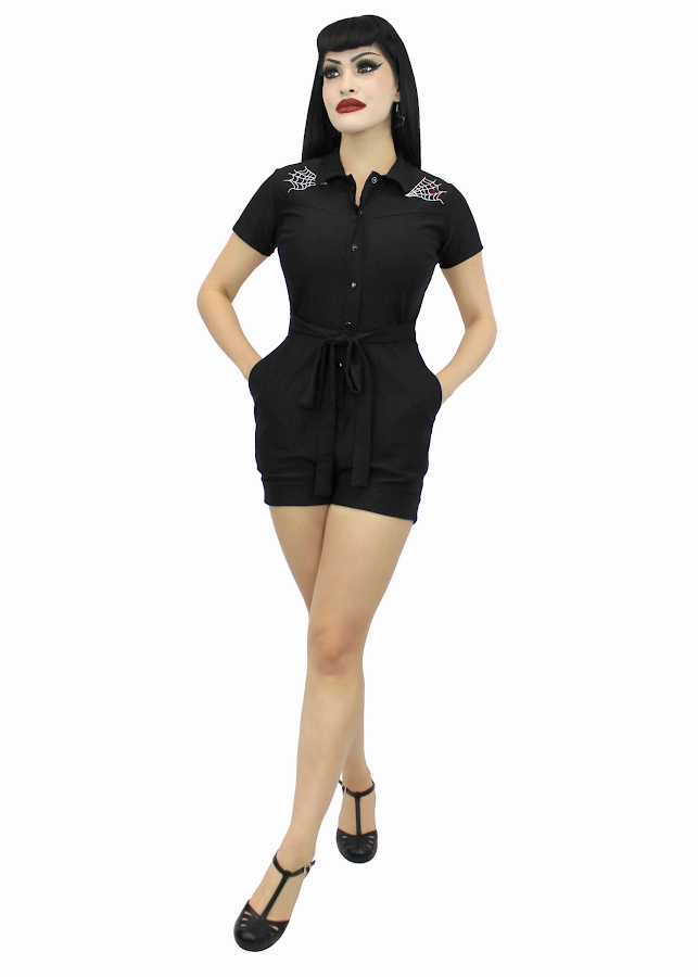 Moisture Wicking Lining Stretchy Spiderweb Black Romper With Belt #E-SWBR