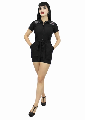 Moisture Wicking Lining Stretchy Spiderweb Black Romper With Belt #E-SWBR