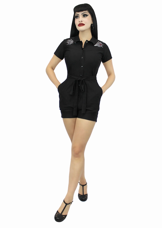 outdoor concert style Stretchy Spiderweb Black Romper With Belt #E-SWBR