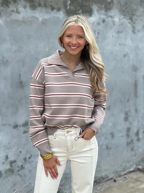 Stripe Polo Collared Sweater in Mocha NonRestrictive Fit Winter Fashion