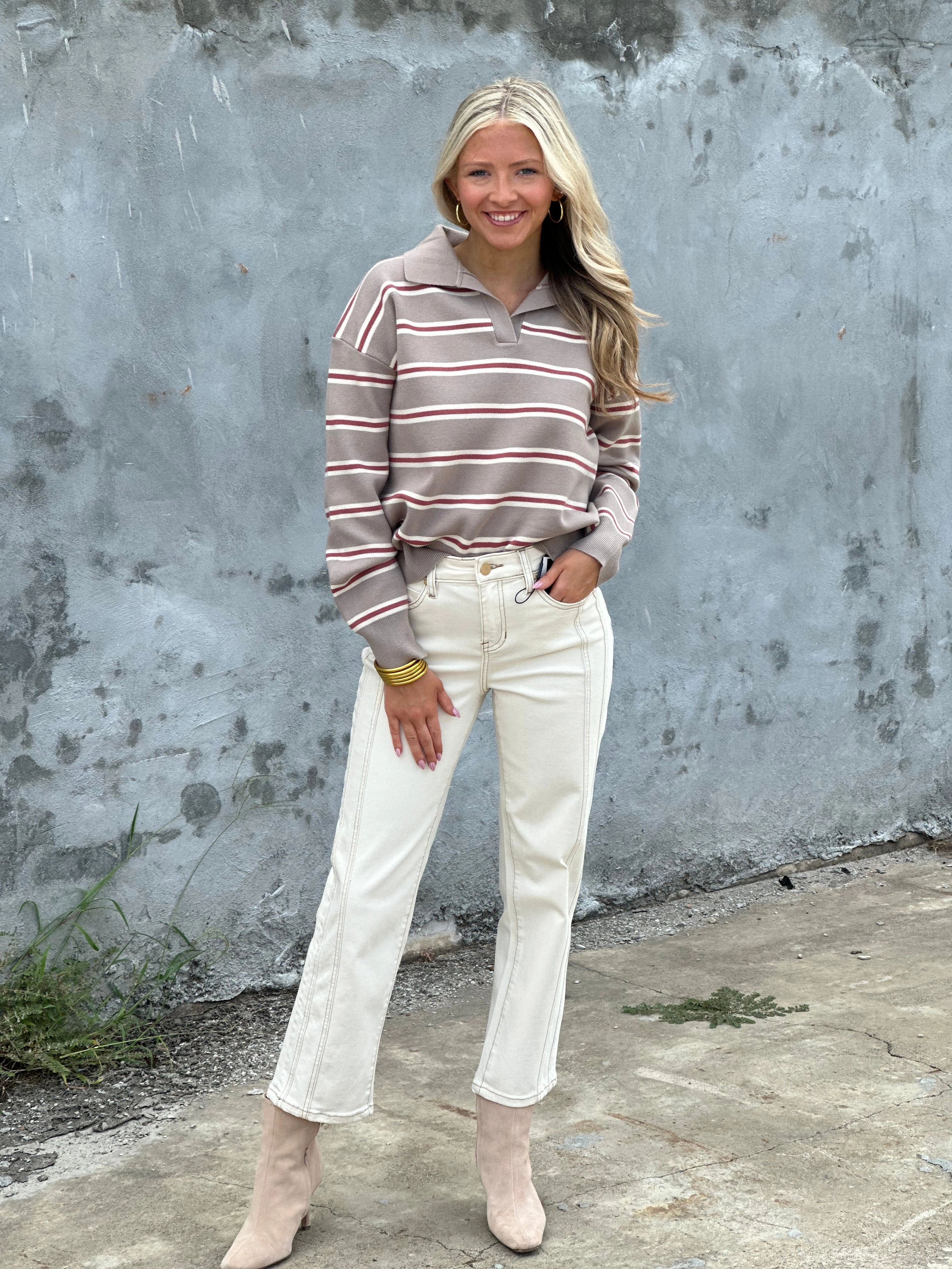 Slim Fit Design Stripe Polo Collared Sweater in Mocha