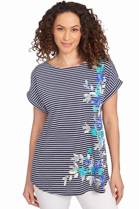 Silicone Print Detail Stripe Right Floral Short Sleeve Top