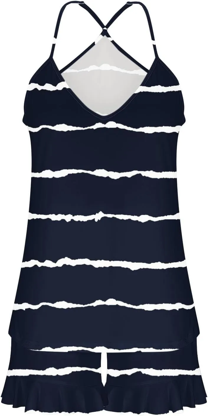 Striped Print Two Piece Pajamas Suits for Women Sleeveless V-Neck Cami Top Tank Lightweight Soft Comfy Sleep Shorts