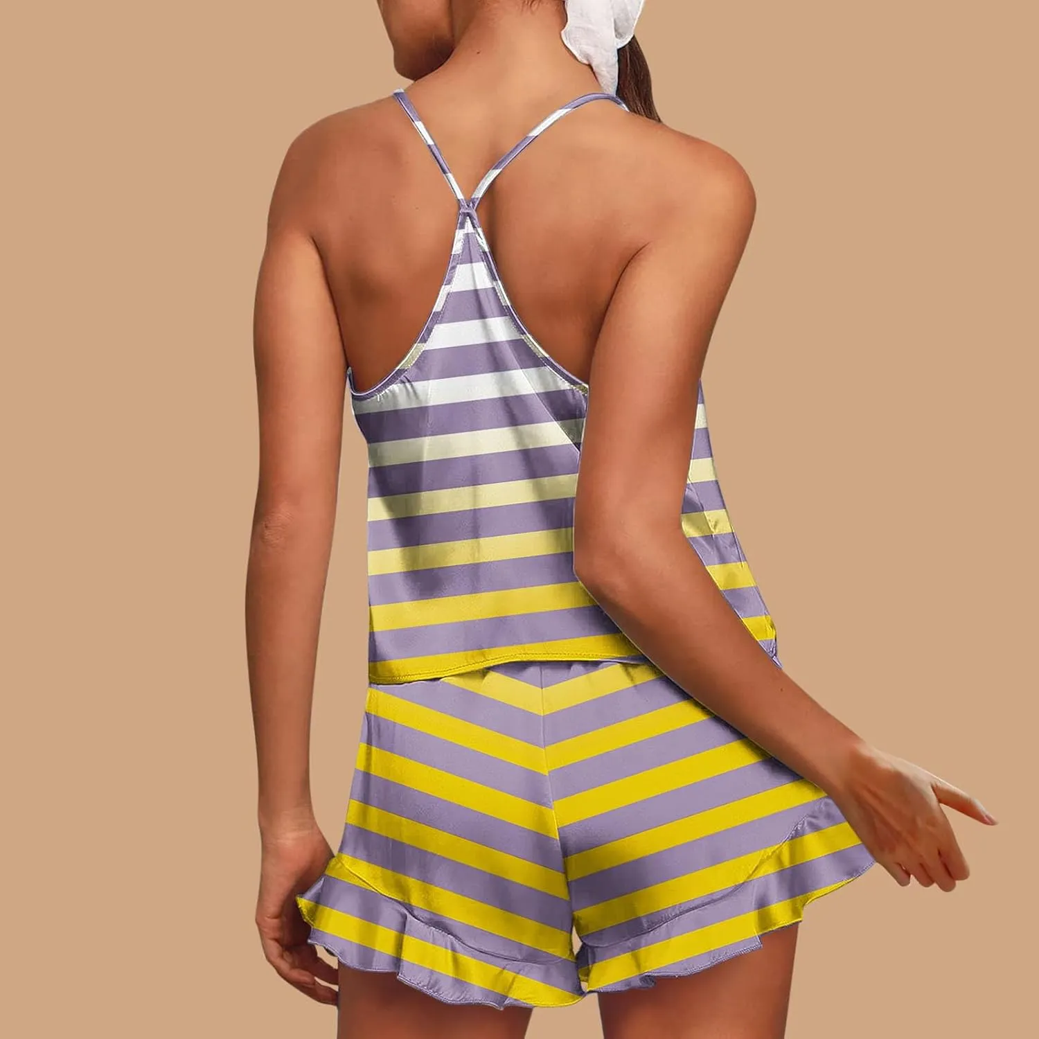 Striped Print Two Piece Pajamas Suits for Women Sleeveless V-Neck Cami Top Tank Lightweight Soft Comfy Sleep Shorts