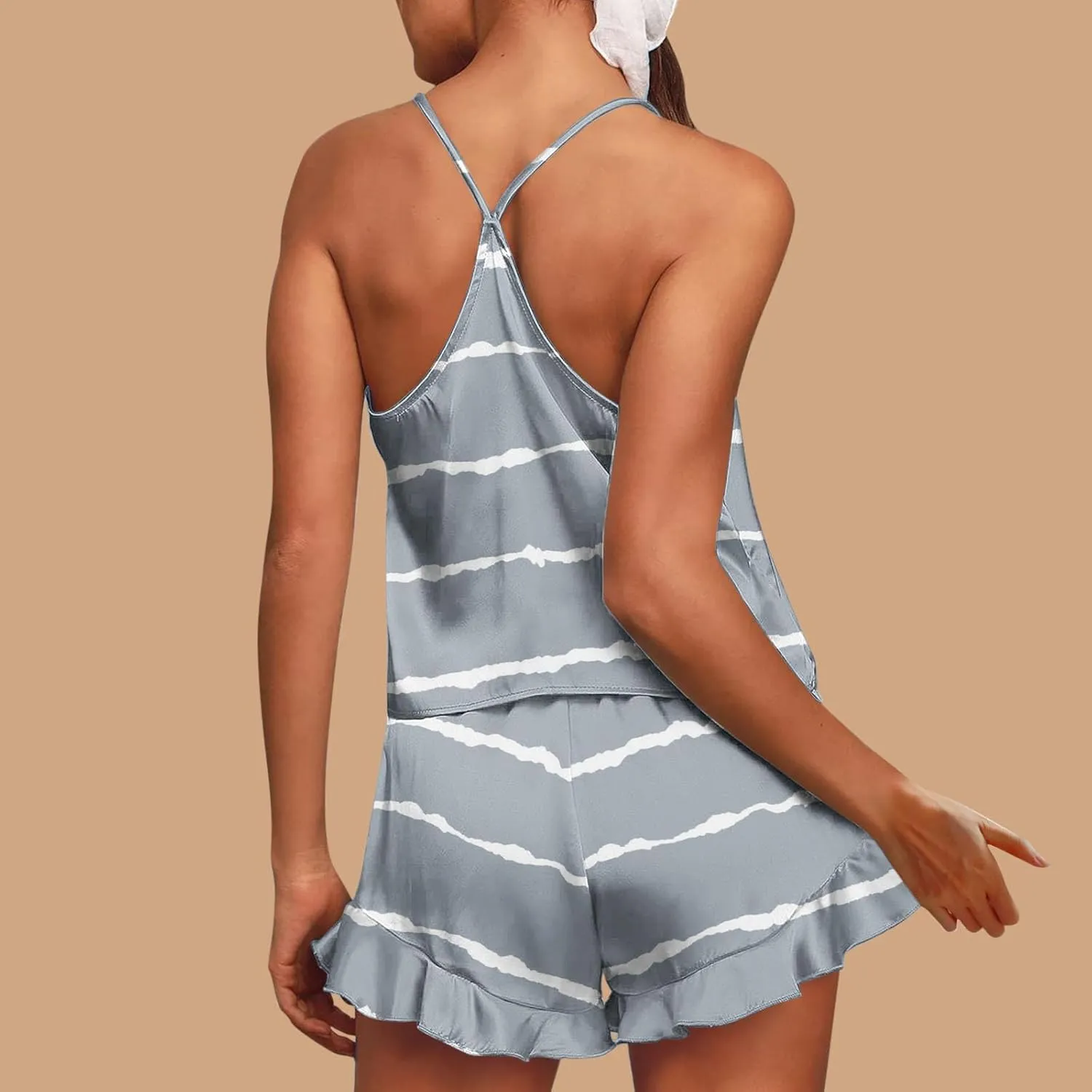 Striped Print Two Piece Pajamas Suits for Women Sleeveless V-Neck Cami Top Tank Lightweight Soft Comfy Sleep Shorts