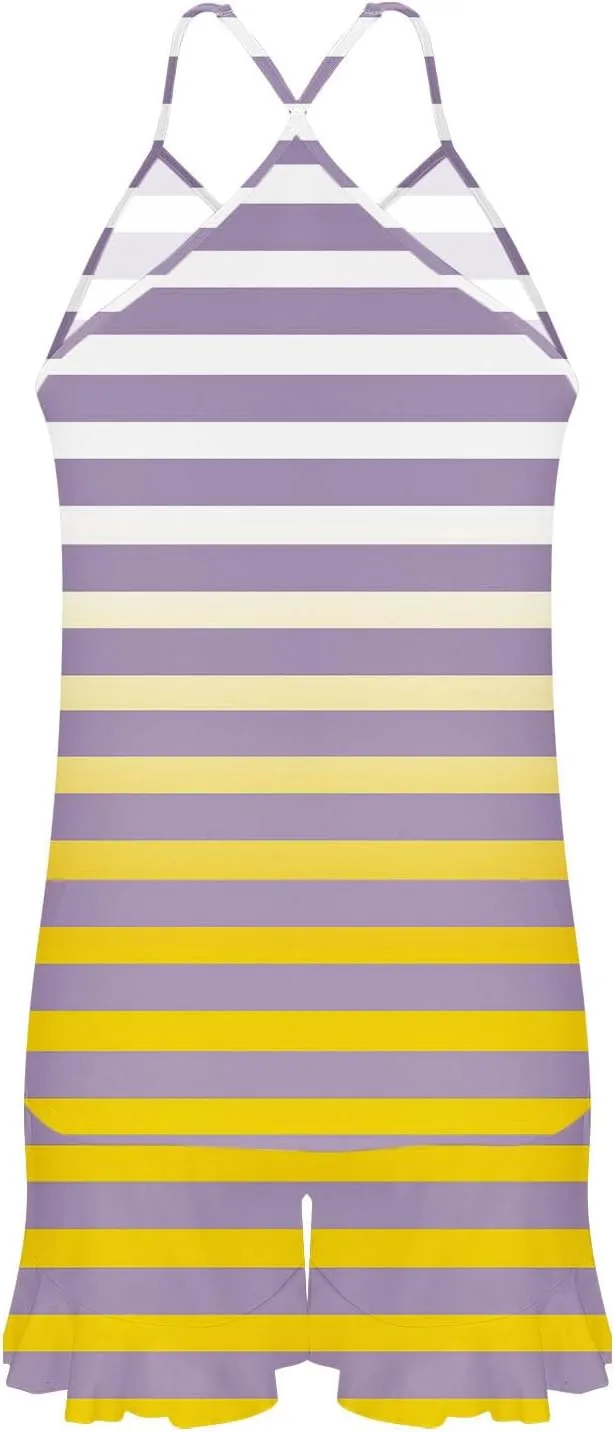 Striped Print Two Piece Pajamas Suits for Women Sleeveless V-Neck Cami Top Tank Lightweight Soft Comfy Sleep Shorts