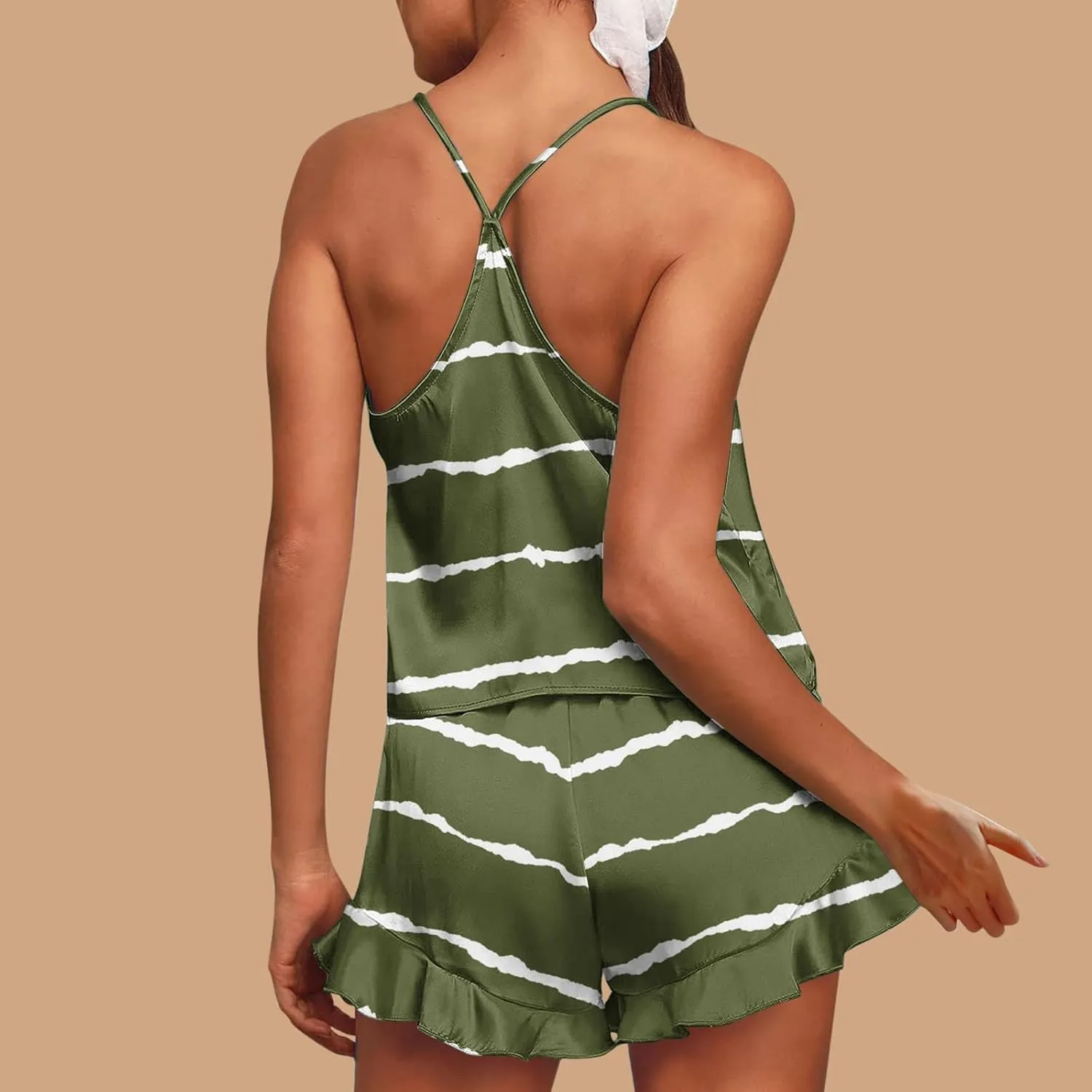 Striped Print Two Piece Pajamas Suits for Women Sleeveless V-Neck Cami Top Tank Lightweight Soft Comfy Sleep Shorts