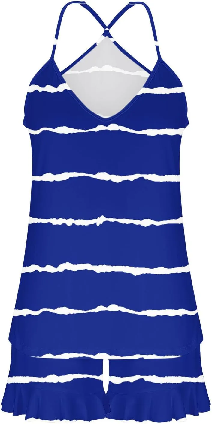 Striped Print Two Piece Pajamas Suits for Women Sleeveless V-Neck Cami Top Tank Lightweight Soft Comfy Sleep Shorts