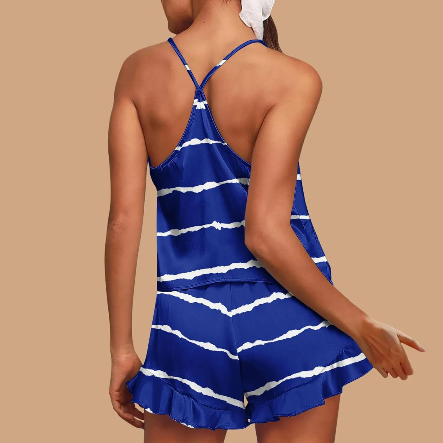 Striped Print Two Piece Pajamas Suits for Women Sleeveless V-Neck Cami Top Tank Lightweight Soft Comfy Sleep Shorts