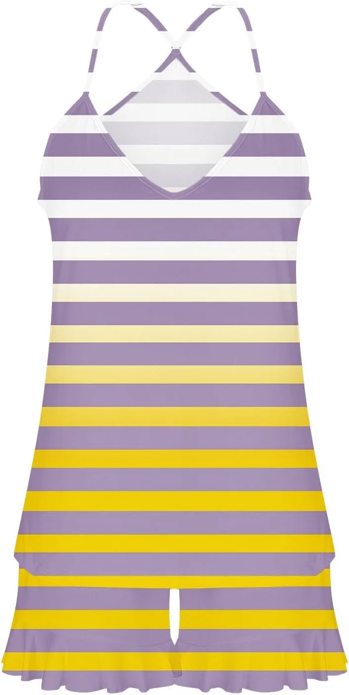 Striped Print Two Piece Pajamas Suits for Women Sleeveless V-Neck Cami Top Tank Lightweight Soft Comfy Sleep Shorts
