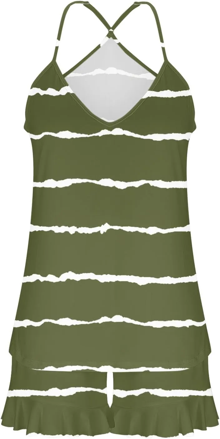 Striped Print Two Piece Pajamas Suits for Women Sleeveless V-Neck Cami Top Tank Lightweight Soft Comfy Sleep Shorts