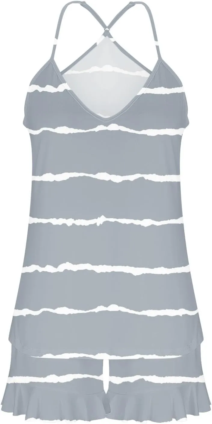 Striped Print Two Piece Pajamas Suits for Women Sleeveless V-Neck Cami Top Tank Lightweight Soft Comfy Sleep Shorts