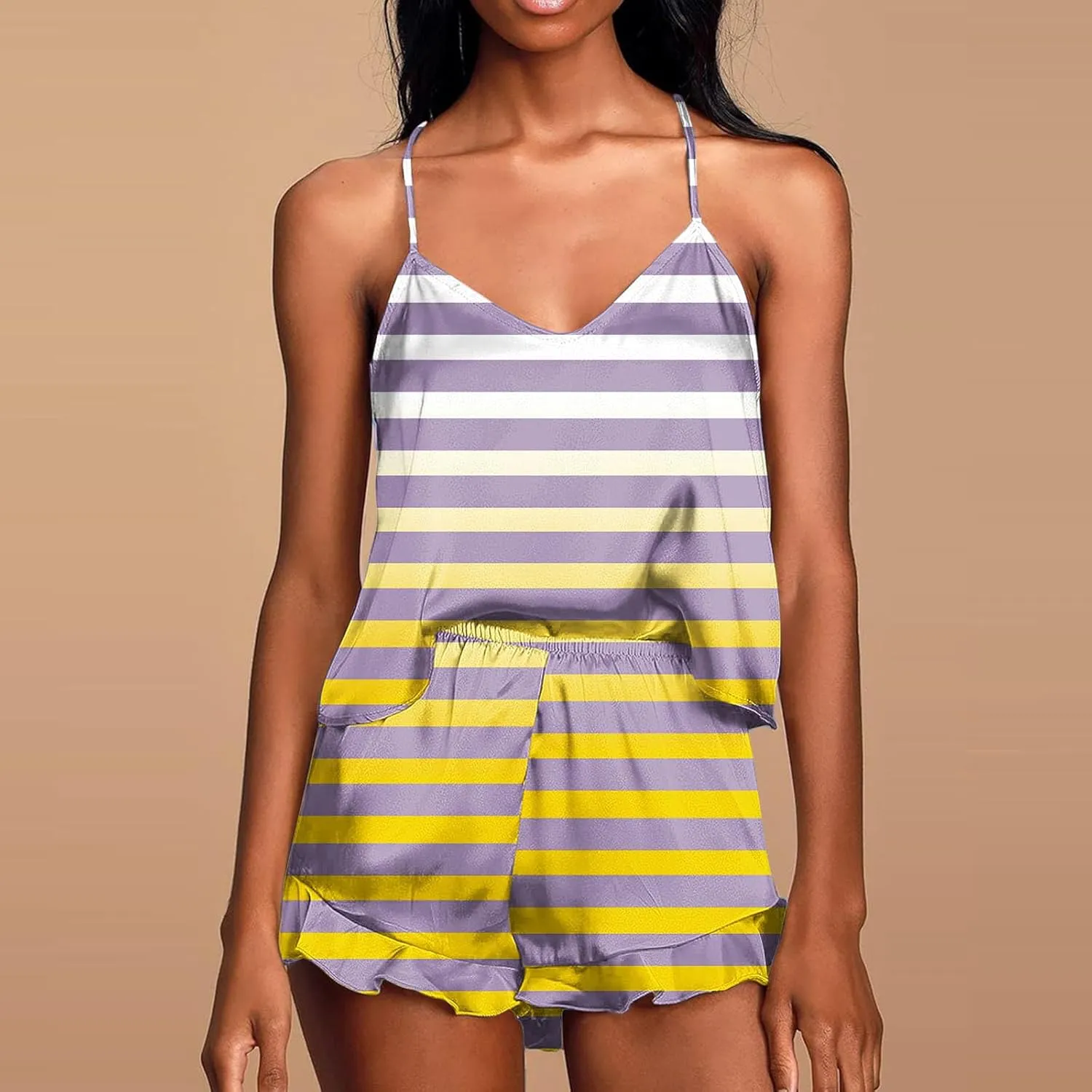 Striped Print Two Piece Pajamas Suits for Women Sleeveless V-Neck Cami Top Tank Lightweight Soft Comfy Sleep Shorts