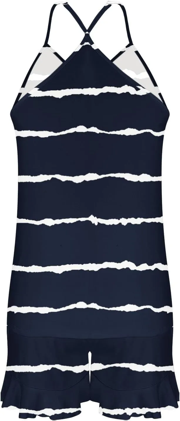 Striped Print Two Piece Pajamas Suits for Women Sleeveless V-Neck Cami Top Tank Lightweight Soft Comfy Sleep Shorts