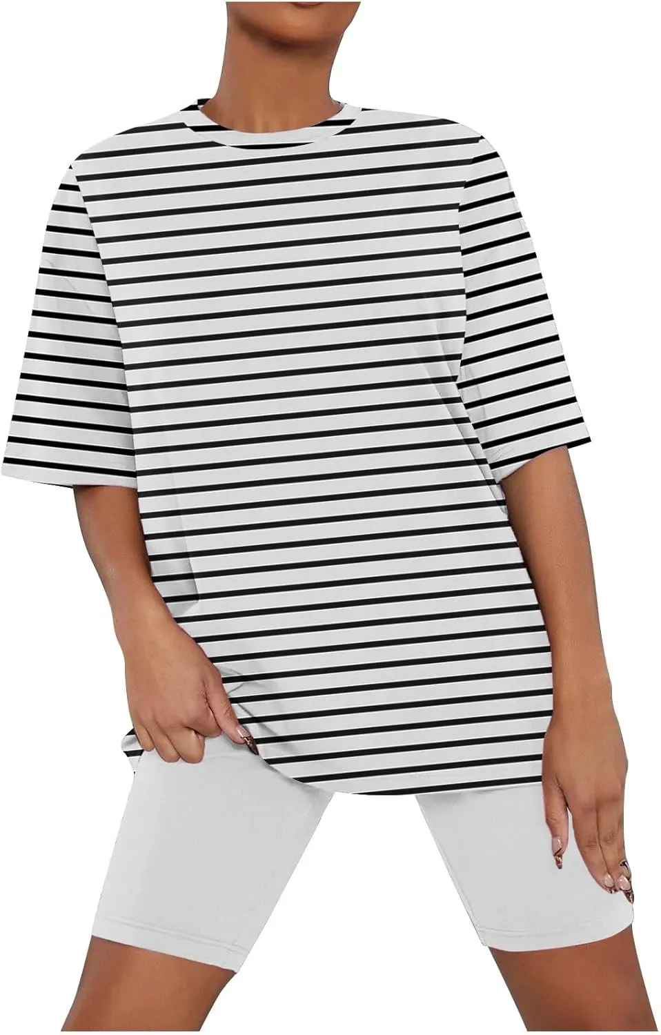 Striped Workout Outfits for Women 2 Piece Pajamas Sets Oversized T Shirts and Biker Shorts Summer Soft Loungewear