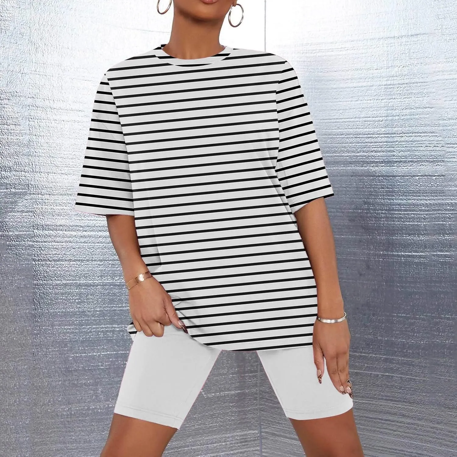 Striped Workout Outfits for Women 2 Piece Pajamas Sets Oversized T Shirts and Biker Shorts Summer Soft Loungewear