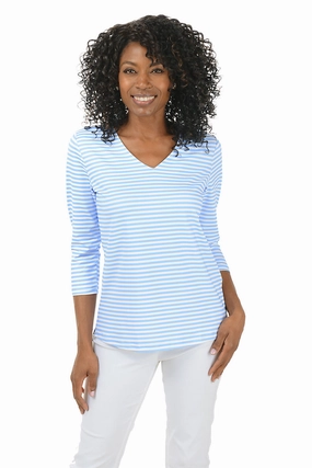 Reinforced Hem Layered Collar Design Striped Classic UPF50  V-Neck Top