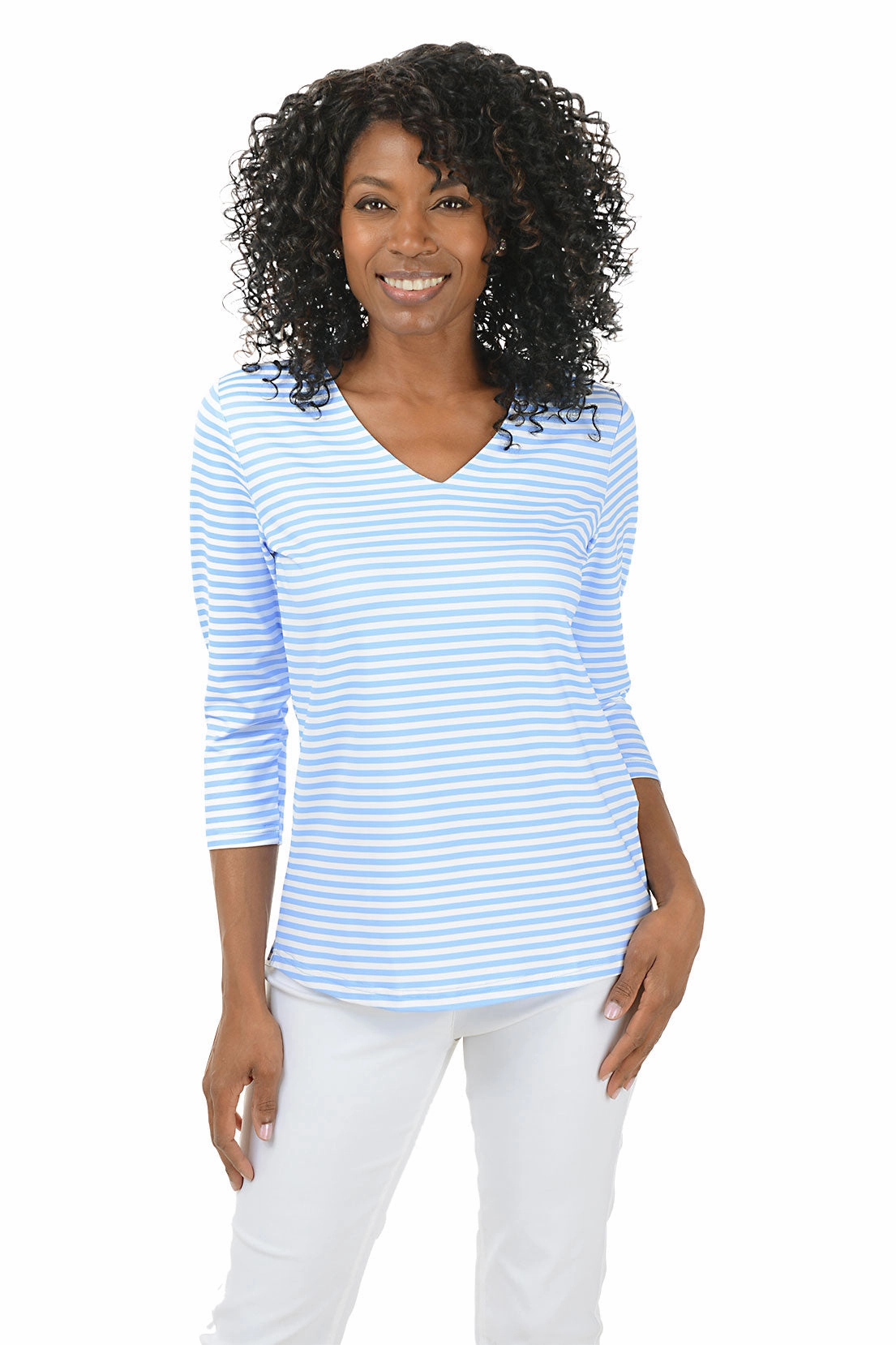 Striped Classic UPF50  V-Neck Top Eco Friendly Blend