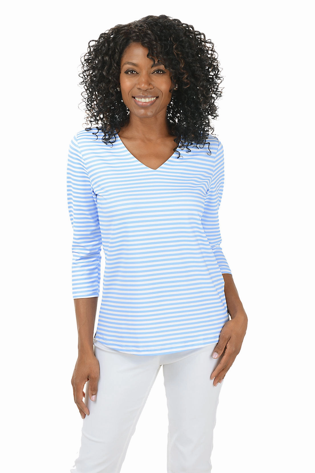 Stretch Blouse Fashionable Style Striped Classic UPF50  V-Neck Top