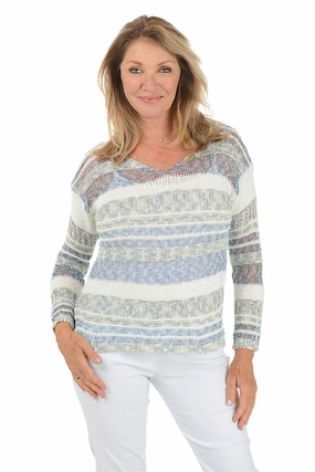 MeshLining Striped Crochet Long Sleeve Sweater