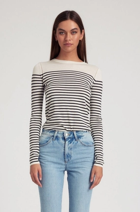 Bluesign Approved Material Bamboo Derived Material Striped Ivory Cashmere Fitted Crew Neck Sweater